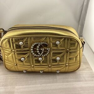 Gucci Metallic Gold Crossbody Bag with Pearl Details